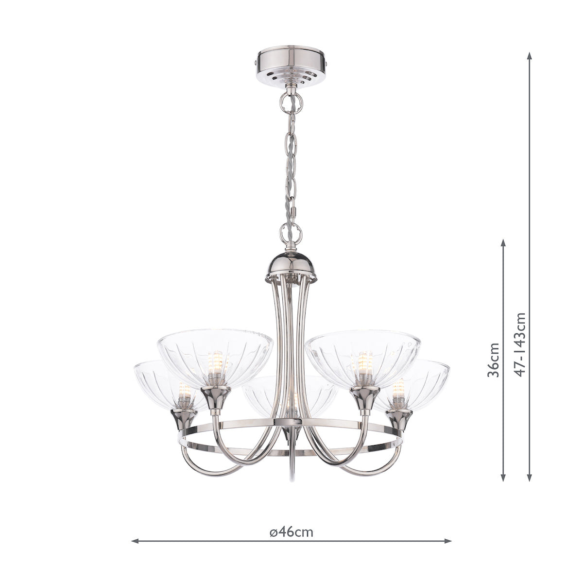 Laura Ashley Wellham 5 Light Armed Pendant Polished Nickel and Ribbed Glass LA3756606-Q