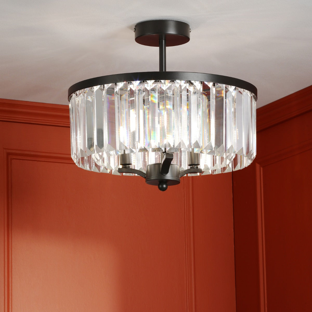 Elkwood 3 Light Semi Flush Crystal Ceiling Light In Industrial Black Finish LA3756610-Q