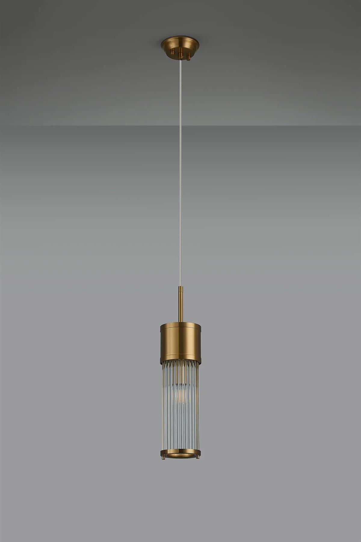 Pillar Bathroom Single Ceiling Pendant Light In Gold And Clear Glass Rods IP44 E14