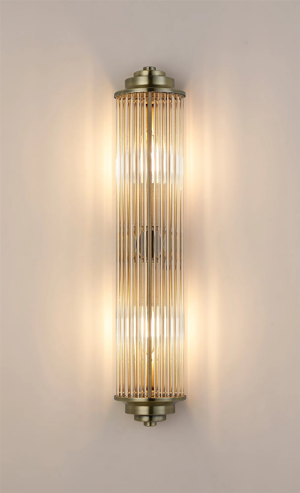 Pillar 2 Light Bathroom Wall Light In Antique Brass And Clear Glass Rods IP44 E14