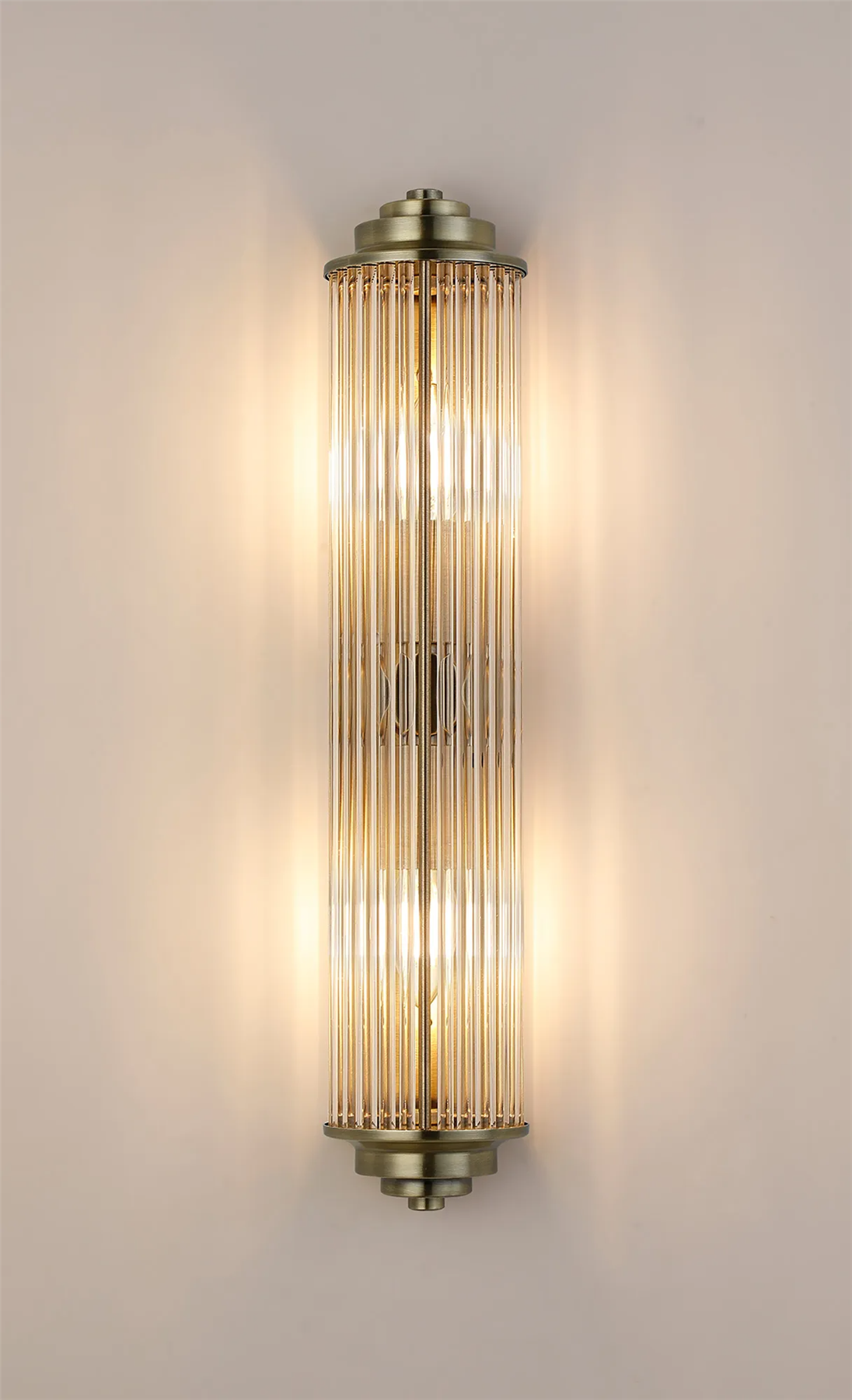 Pillar 2 Light Bathroom Wall Light In Antique Brass And Clear Glass Rods IP44 E14