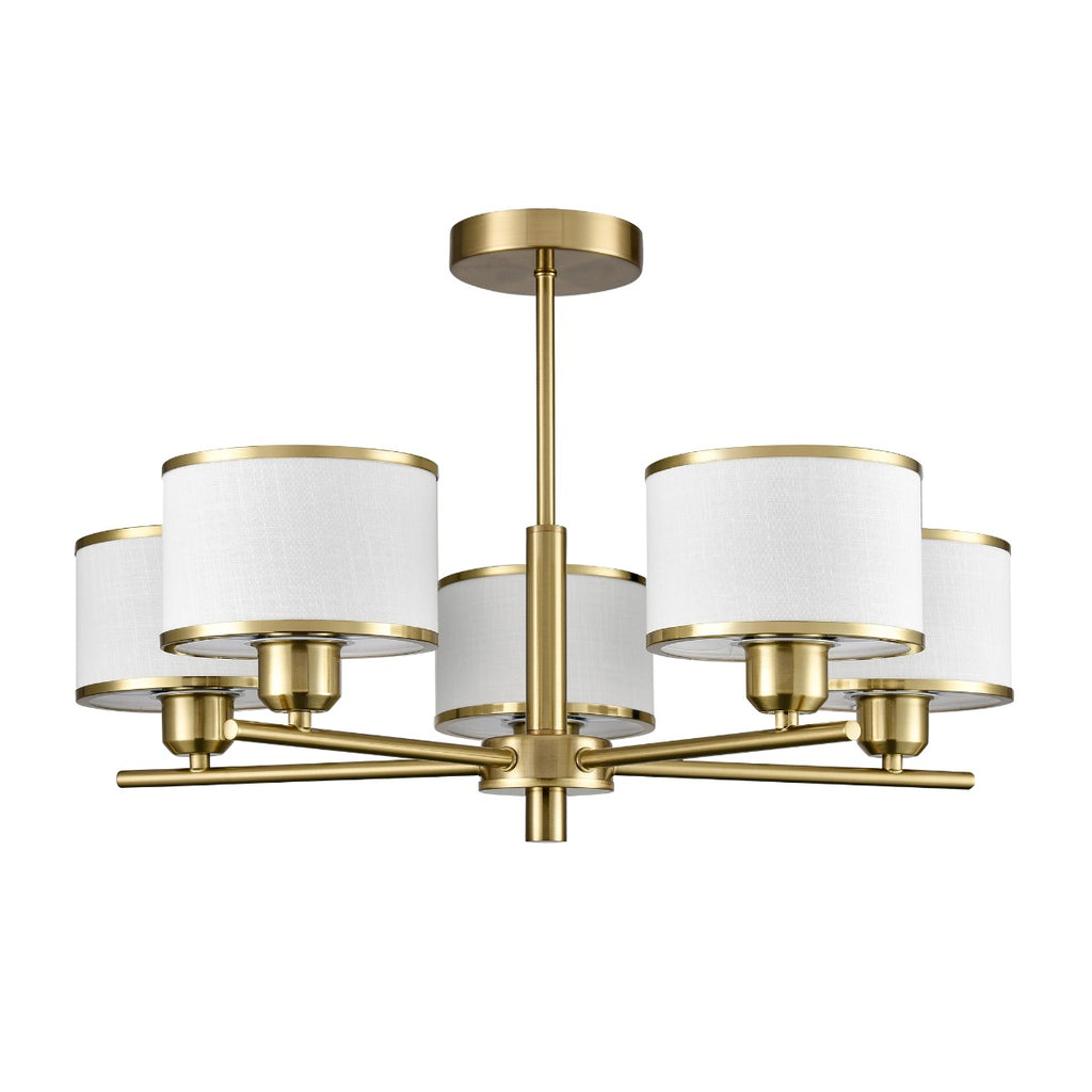 Franklite Polaris 5 Light Semi Flush Ceiling Light In Aged Brass With Fabric Shades FL2498-5