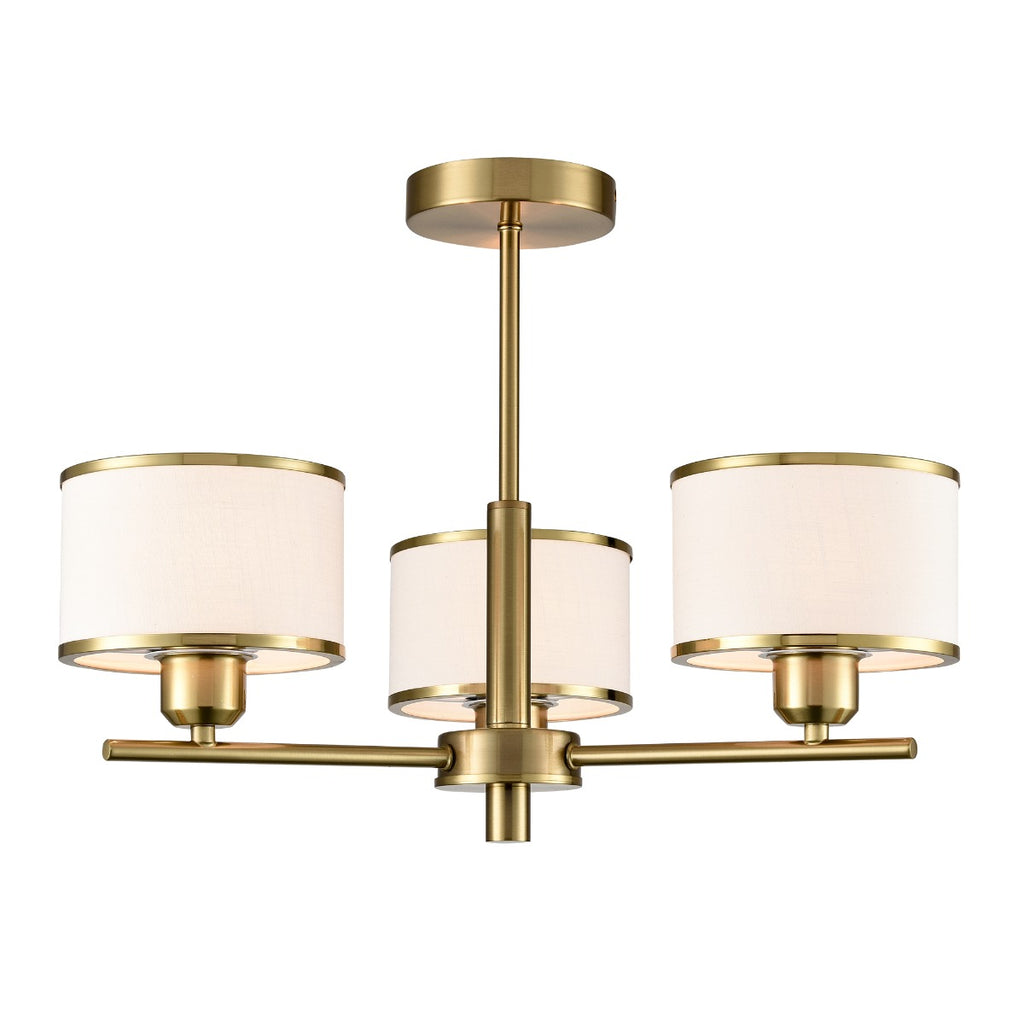 Franklite Polaris 3 Light Semi Flush Ceiling Light In Aged Brass With Fabric Shades FL2498-3
