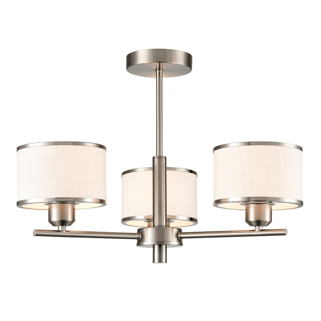 Franklite Polaris 3 Light Semi Flush Ceiling Light In Satin Nickel With Fabric Shades FL2497-3