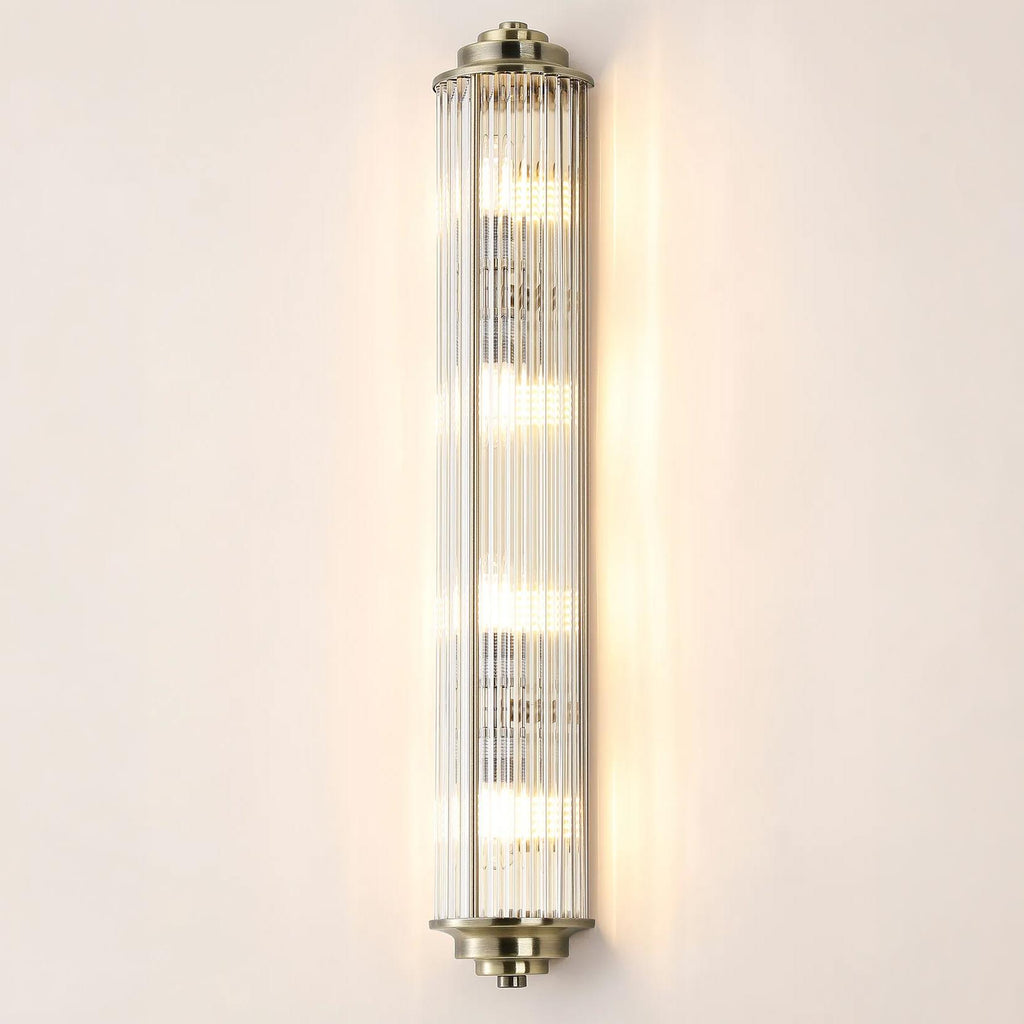 Pillar 4 Light Bathroom Wall Light In Antique Brass And Clear Glass Rods IP44 G9