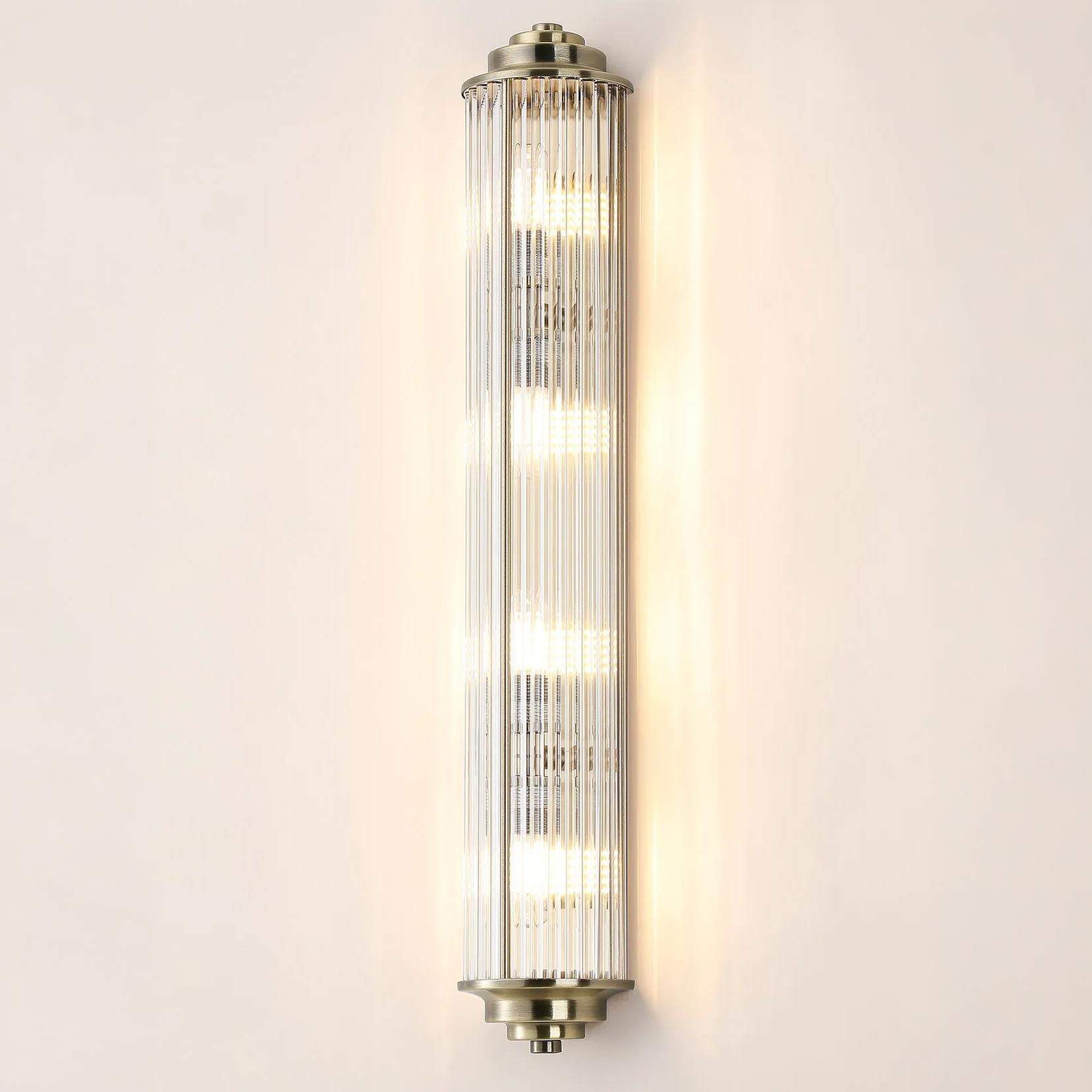 Pillar 4 Light Bathroom Wall Light In Antique Brass And Clear Glass Rods IP44 G9