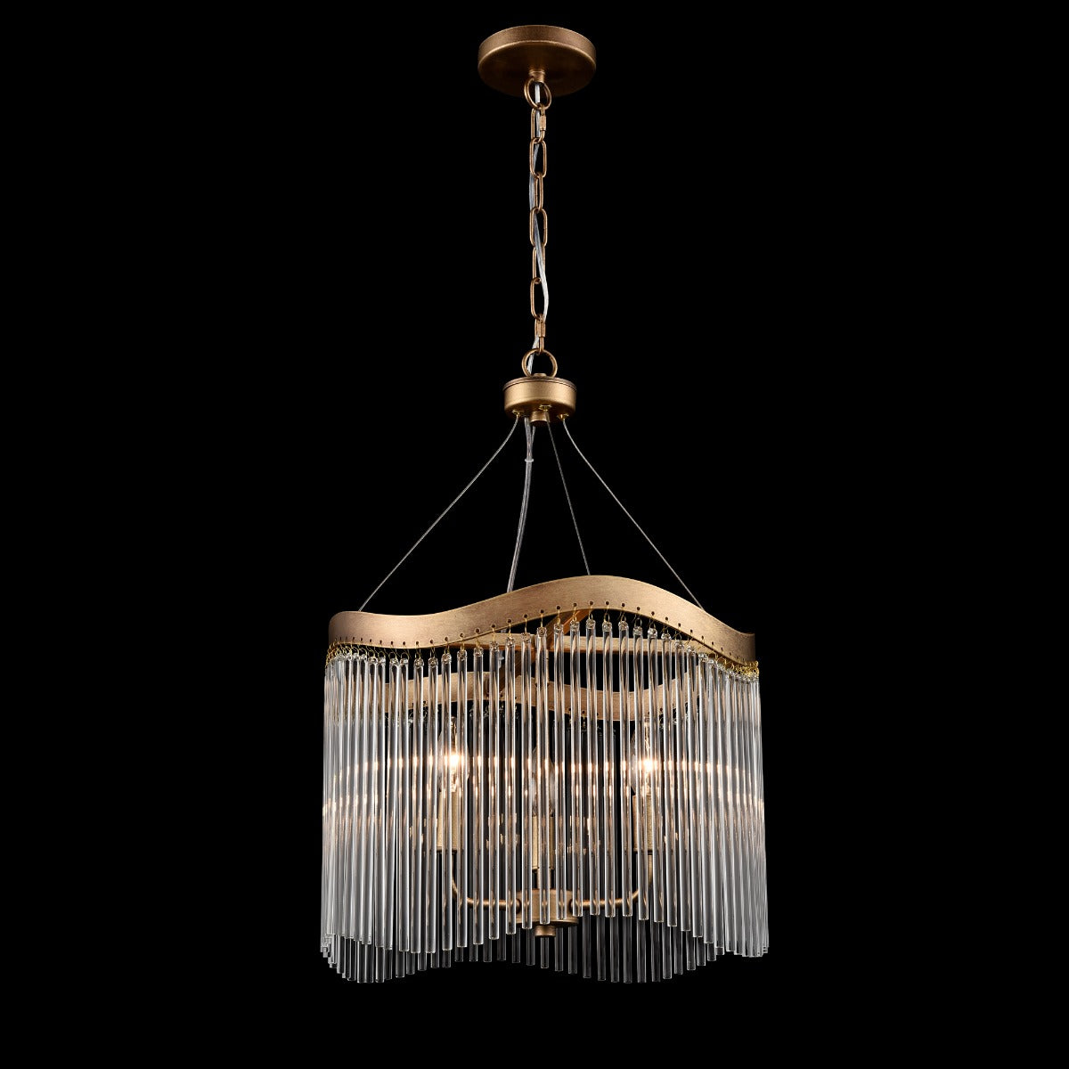 Franklite Harp 3 Light Curved Frame Ceiling Pendant In Aged Brass With Glass Rods FL2512-3