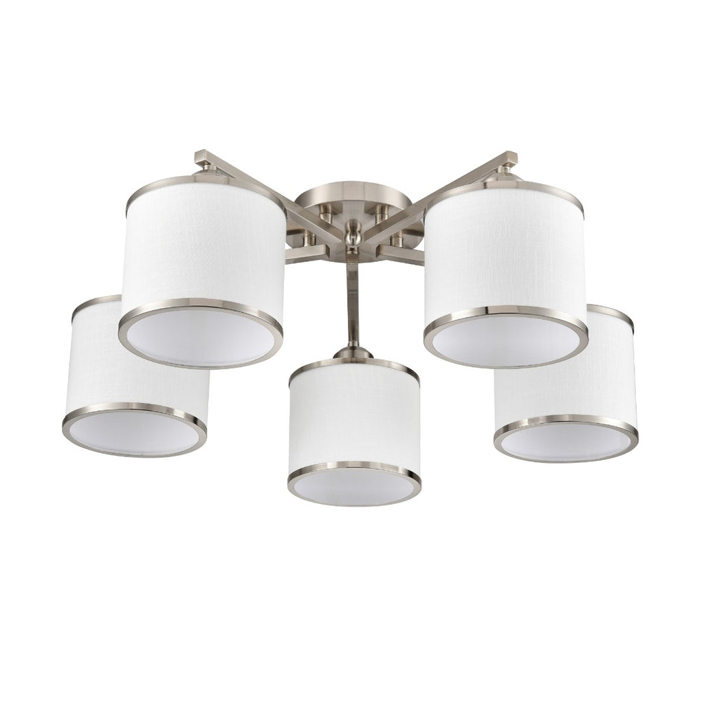 Franklite Sirius 5 Light Flush Ceiling Light In Satin Nickel With Off White Shade FL2495-5