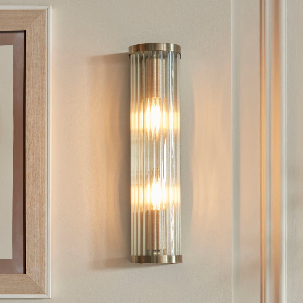 Ridgeton Twin Wall Light In Antique Brass With Ribbed Glass 118597