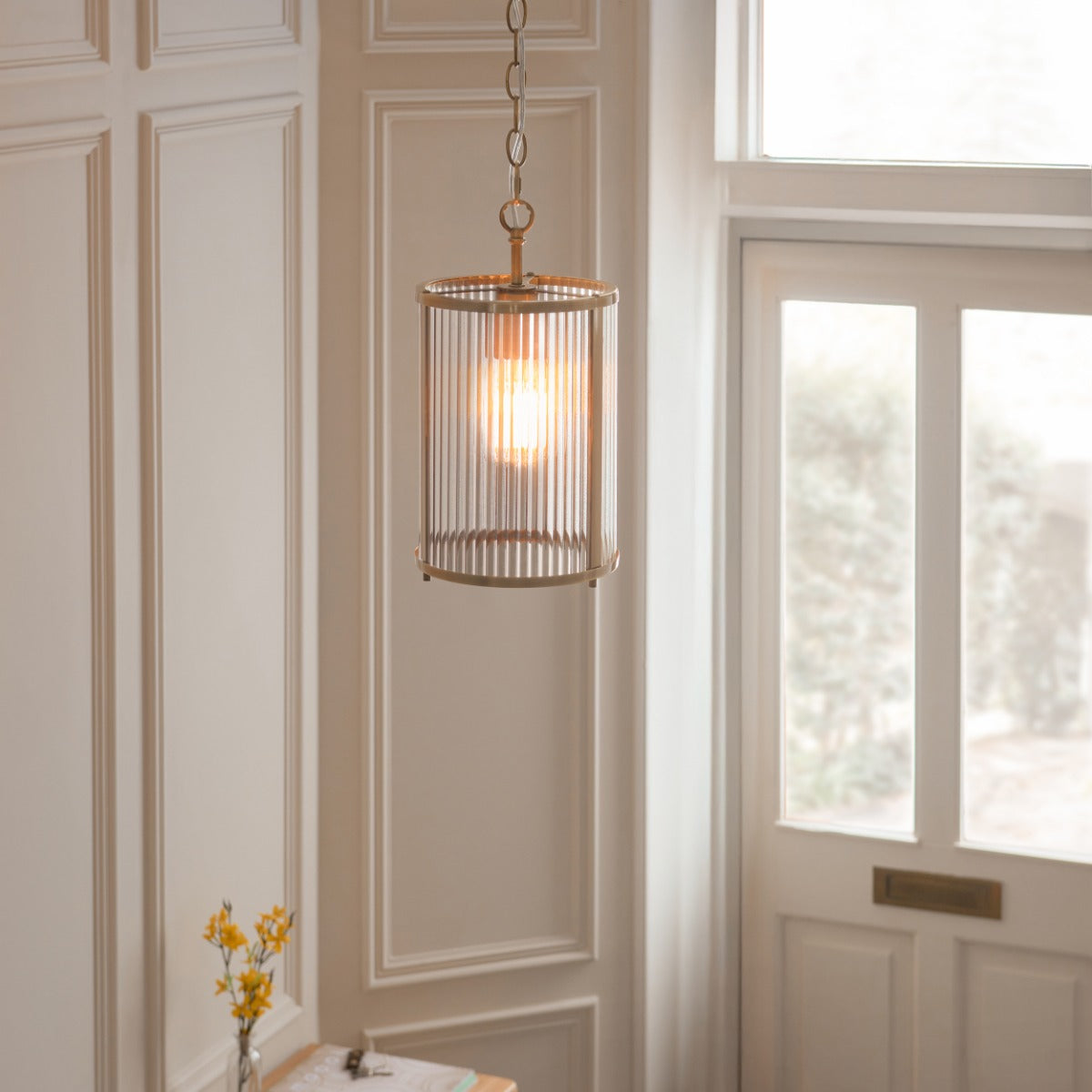 Ridgeton Single Ceiling Pendant Light In Antique Brass With Ribbed Glass 118595