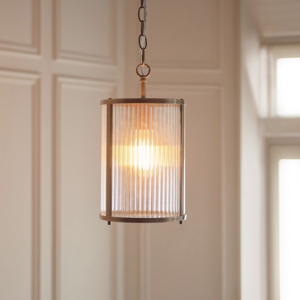 Ridgeton Single Ceiling Pendant Light In Antique Brass With Ribbed Glass 118595
