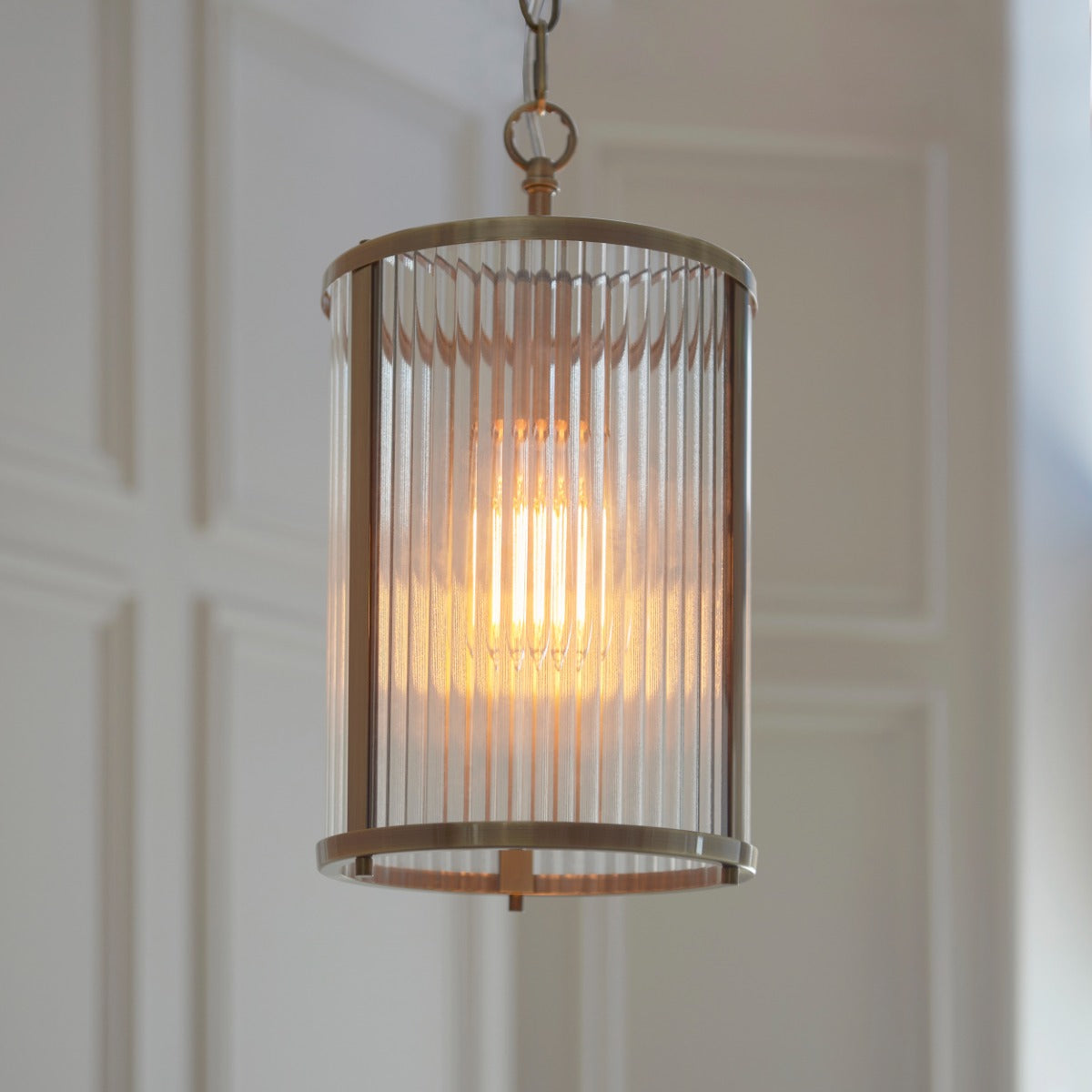 Ridgeton Single Ceiling Pendant Light In Antique Brass With Ribbed Glass 118595