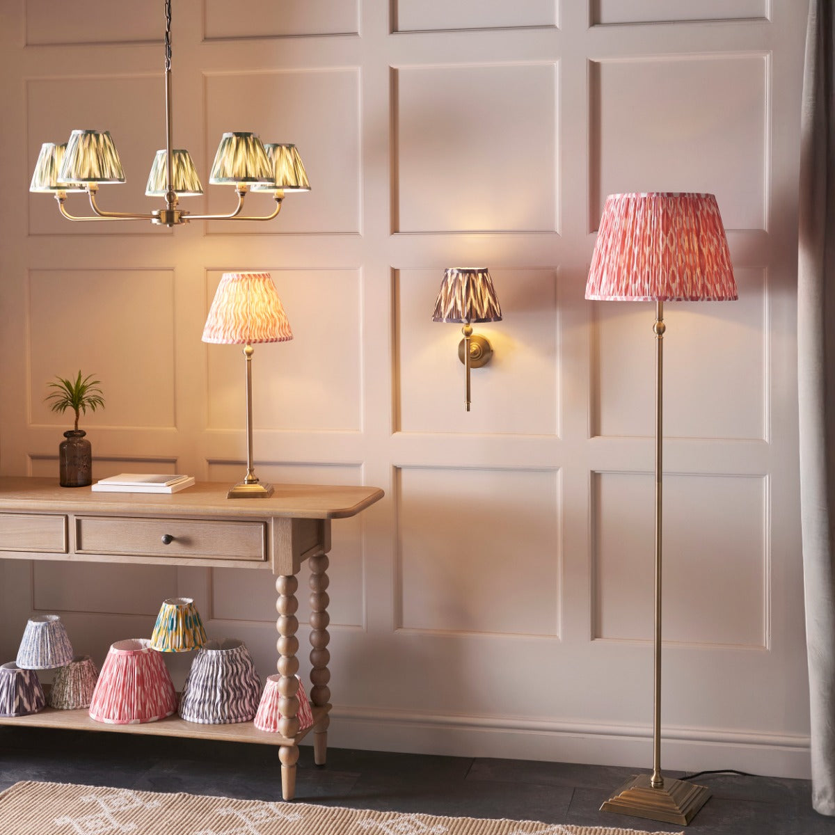 Lille Floor Lamp In Antique Brass With Coral Pink Shade 118001