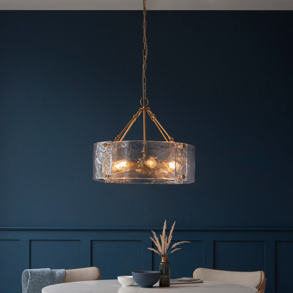Keller 6 Light Ceiling Pendant Light In Brushed Aged Brass With Textured Glass 118584