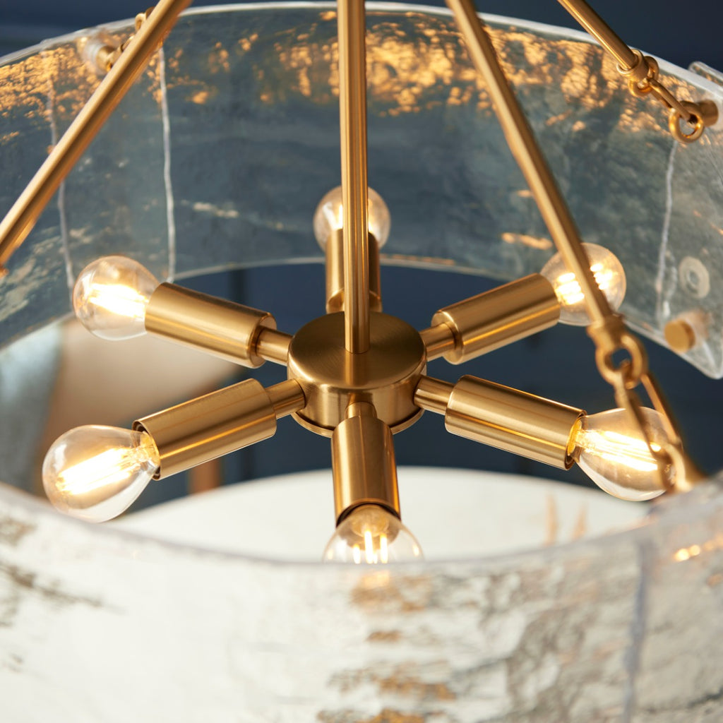 Keller 6 Light Ceiling Pendant Light In Brushed Aged Brass With Textured Glass 118584