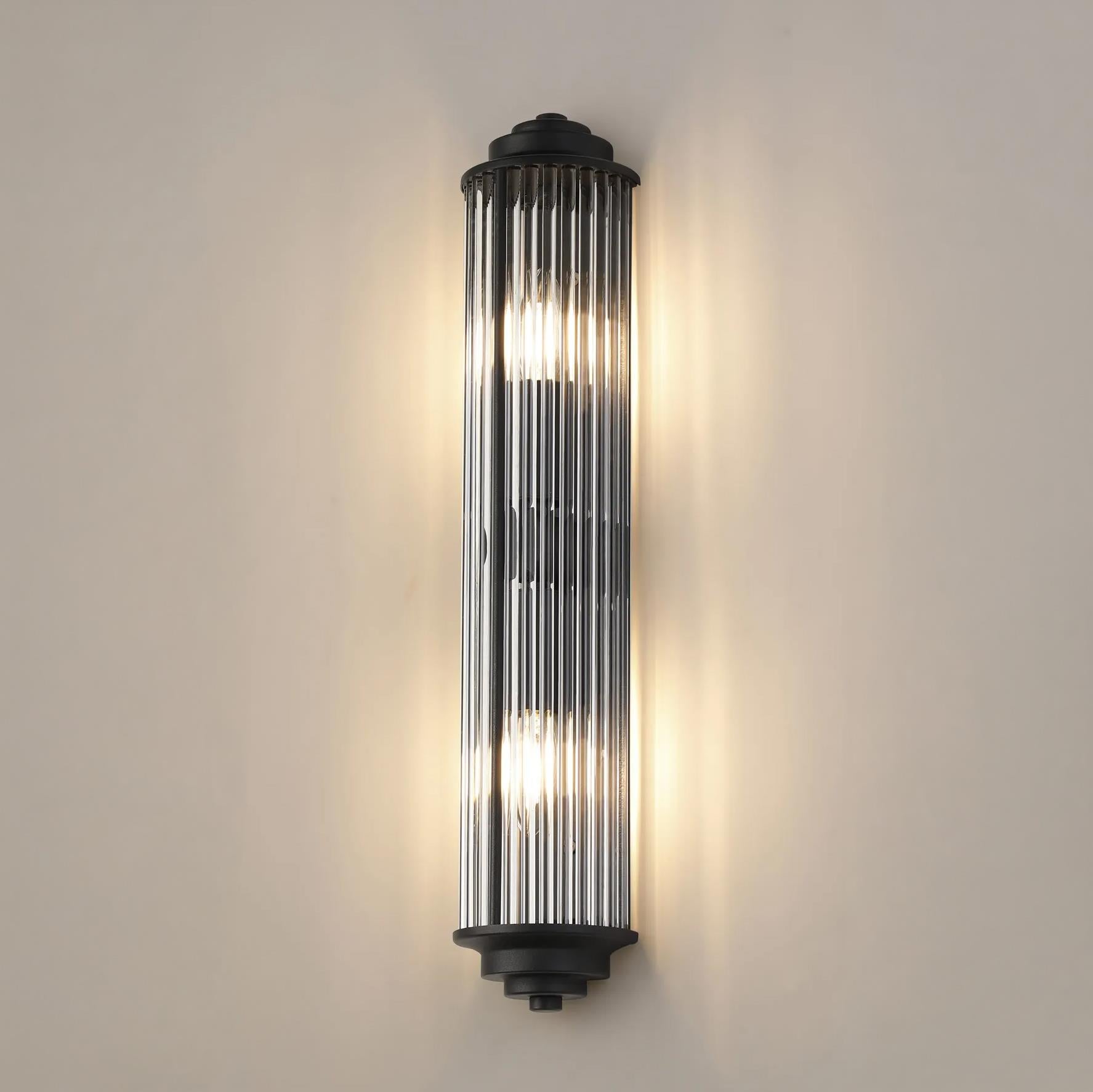 Pillar 2 Light Bathroom Wall Light In Satin Black And Clear Glass Rods IP44 E14