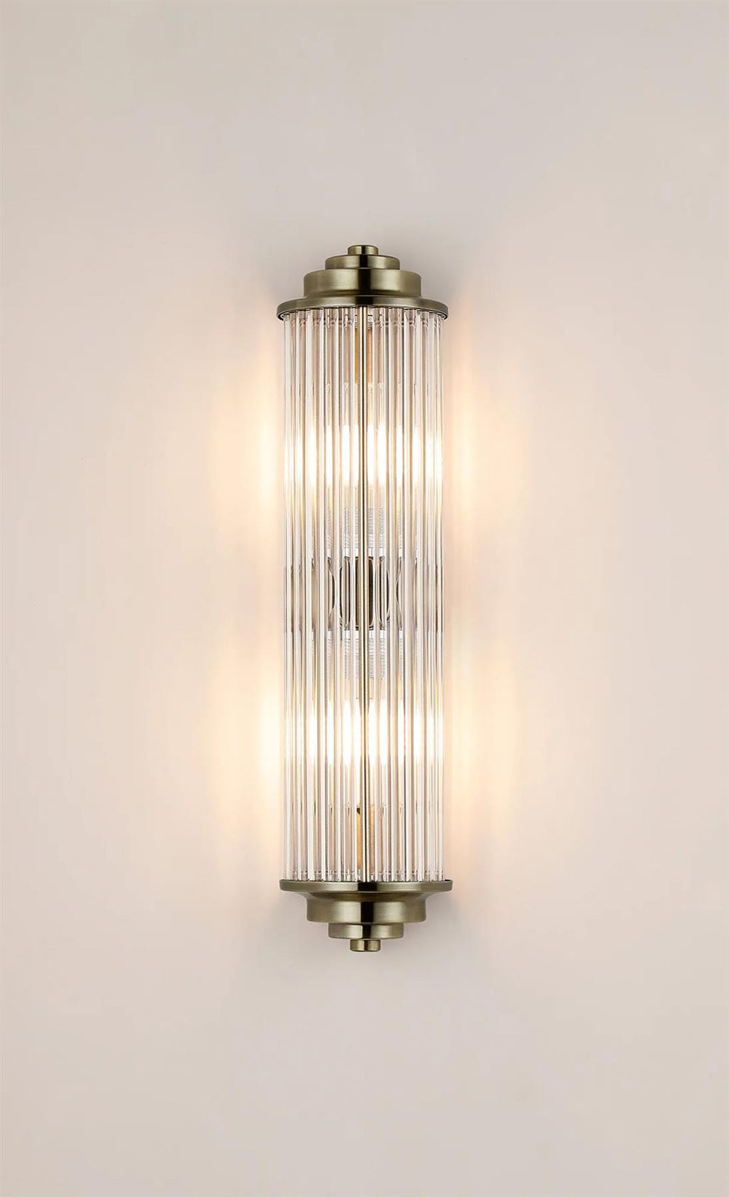 Pillar 2 Light Bathroom Wall Light In Antique Brass And Clear Glass Rods IP44 G9