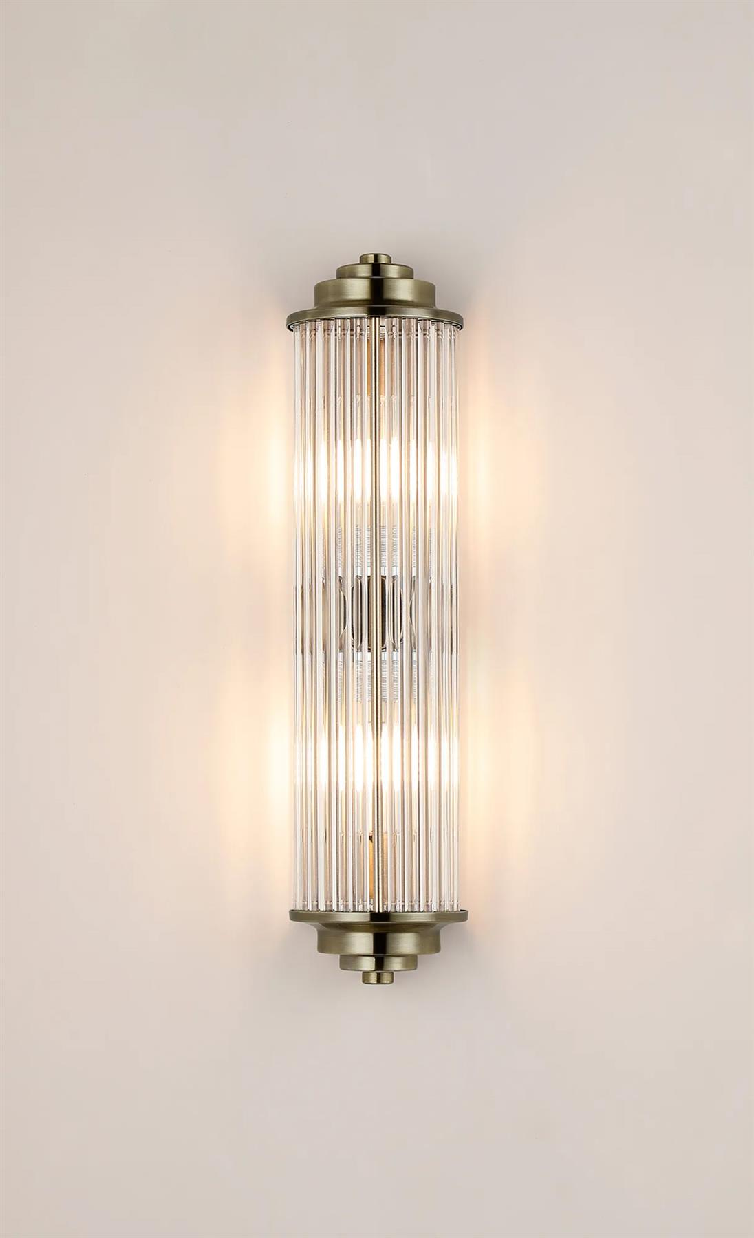 Pillar 2 Light Bathroom Wall Light In Antique Brass And Clear Glass Rods IP44 G9