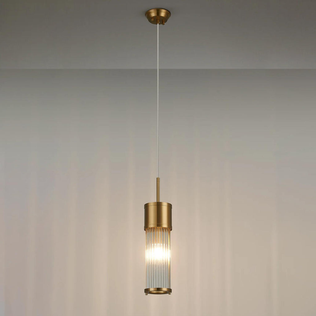 Pillar Bathroom Single Ceiling Pendant Light In Gold And Clear Glass Rods IP44 E14