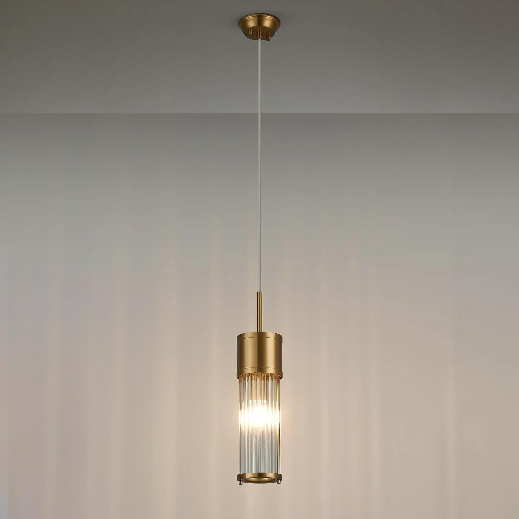 Pillar Bathroom Single Ceiling Pendant Light In Gold And Clear Glass Rods IP44 E14