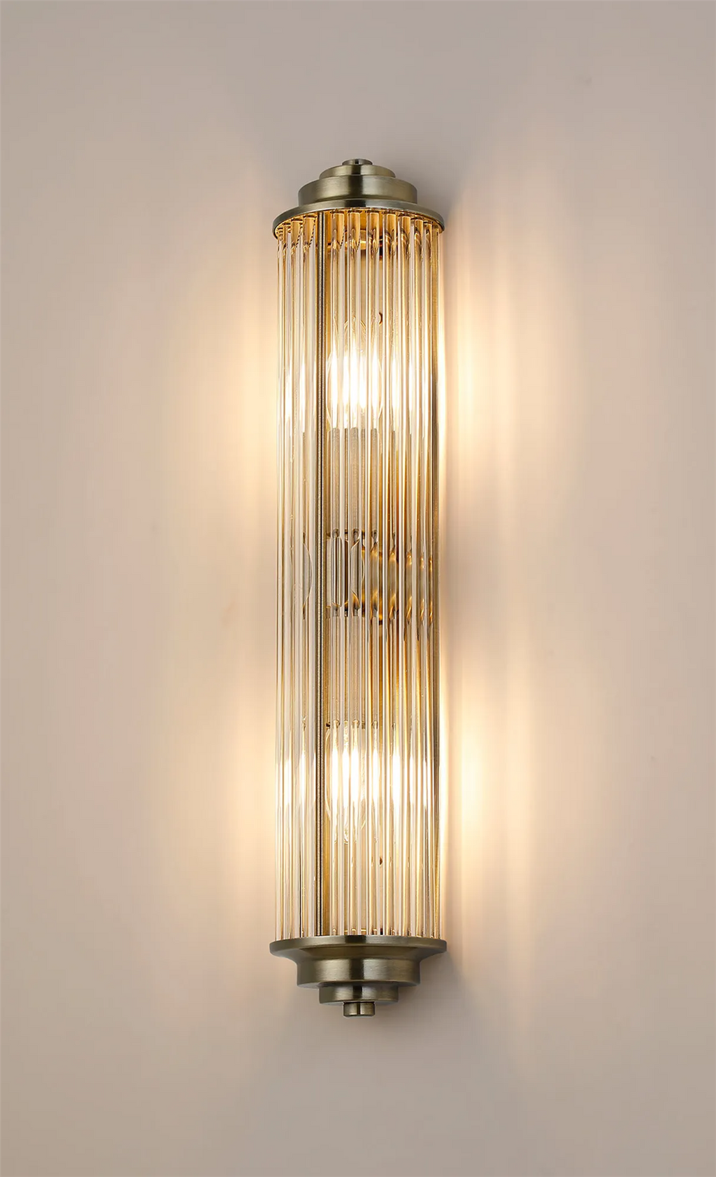 Pillar 2 Light Bathroom Wall Light In Antique Brass And Clear Glass Rods IP44 E14