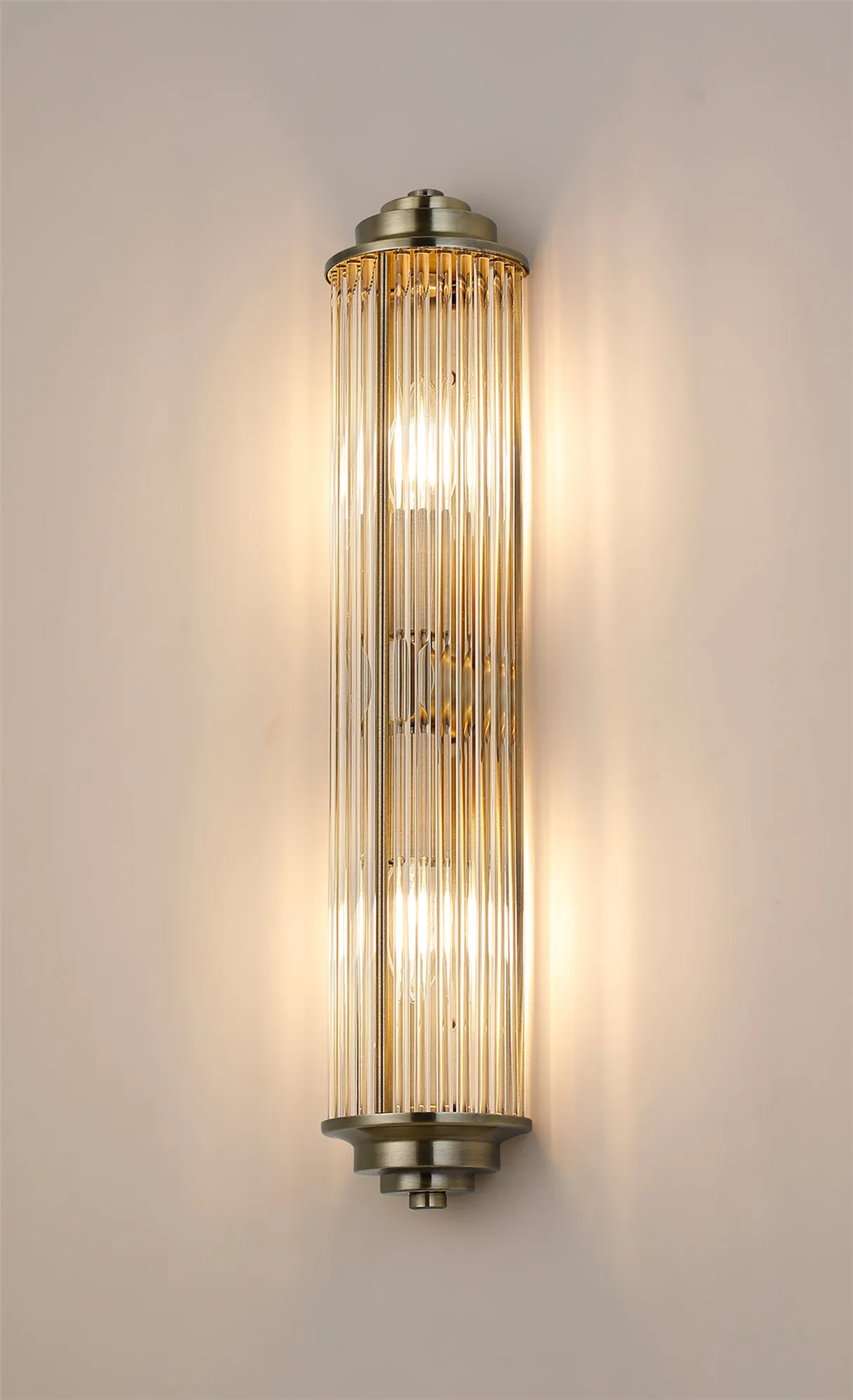Pillar 2 Light Bathroom Wall Light In Antique Brass And Clear Glass Rods IP44 E14