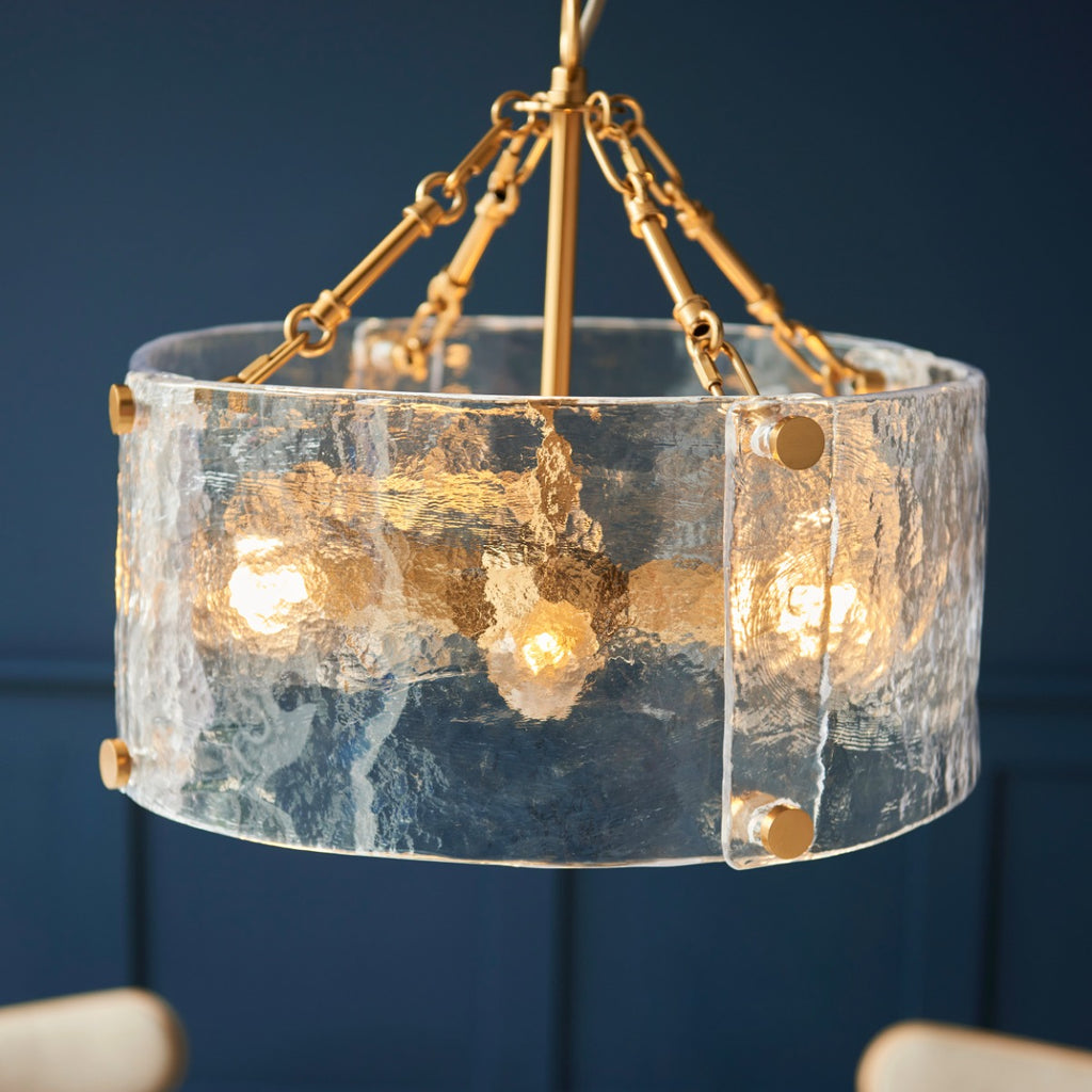 Keller 4 Light Ceiling Pendant Light In Brushed Aged Brass With Textured Glass 118583