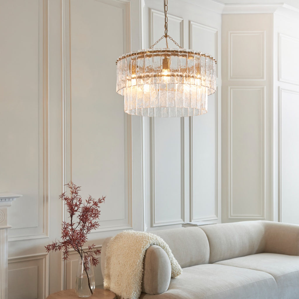 Karine 5 Light Tiered Pendant In Brushed Aged Brass With Textured Glass 118469