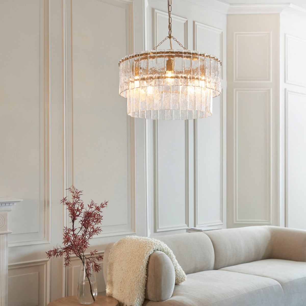 Karine 5 Light Tiered Pendant In Brushed Aged Brass With Textured Glass 118469