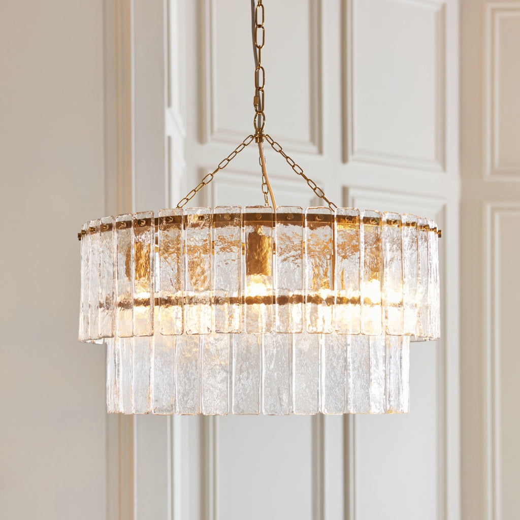 Karine 5 Light Tiered Pendant In Brushed Aged Brass With Textured Glass 118469
