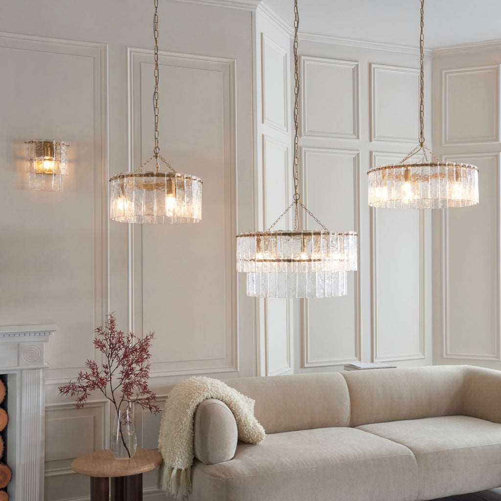 Karine 5 Light Tiered Pendant In Brushed Aged Brass With Textured Glass 118469