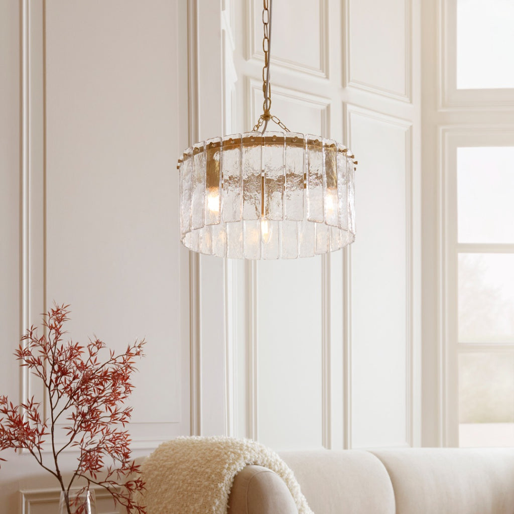 Karine 3 Light Pendant In Brushed Aged Brass With Textured Glass 118467