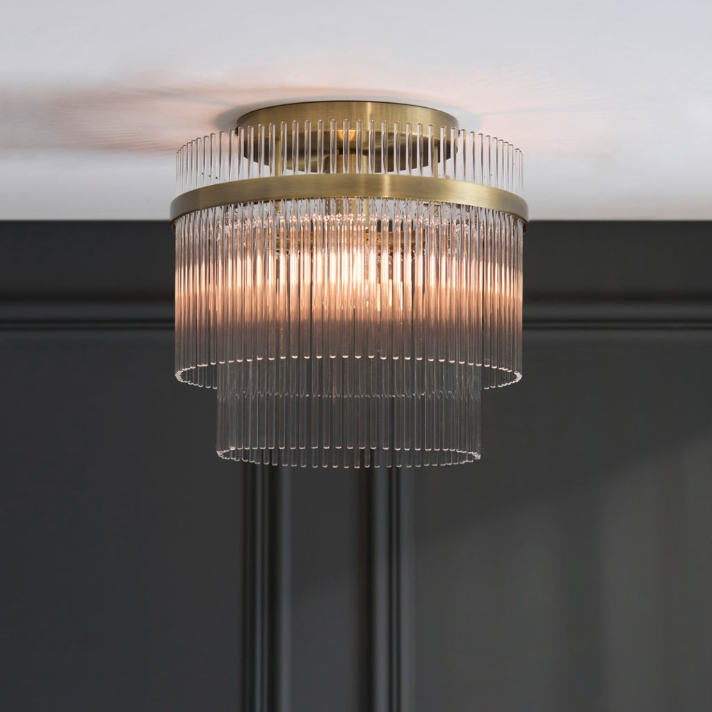 Marietta Flush Ceiling Light In Antique Brass With Glass Rods 119492