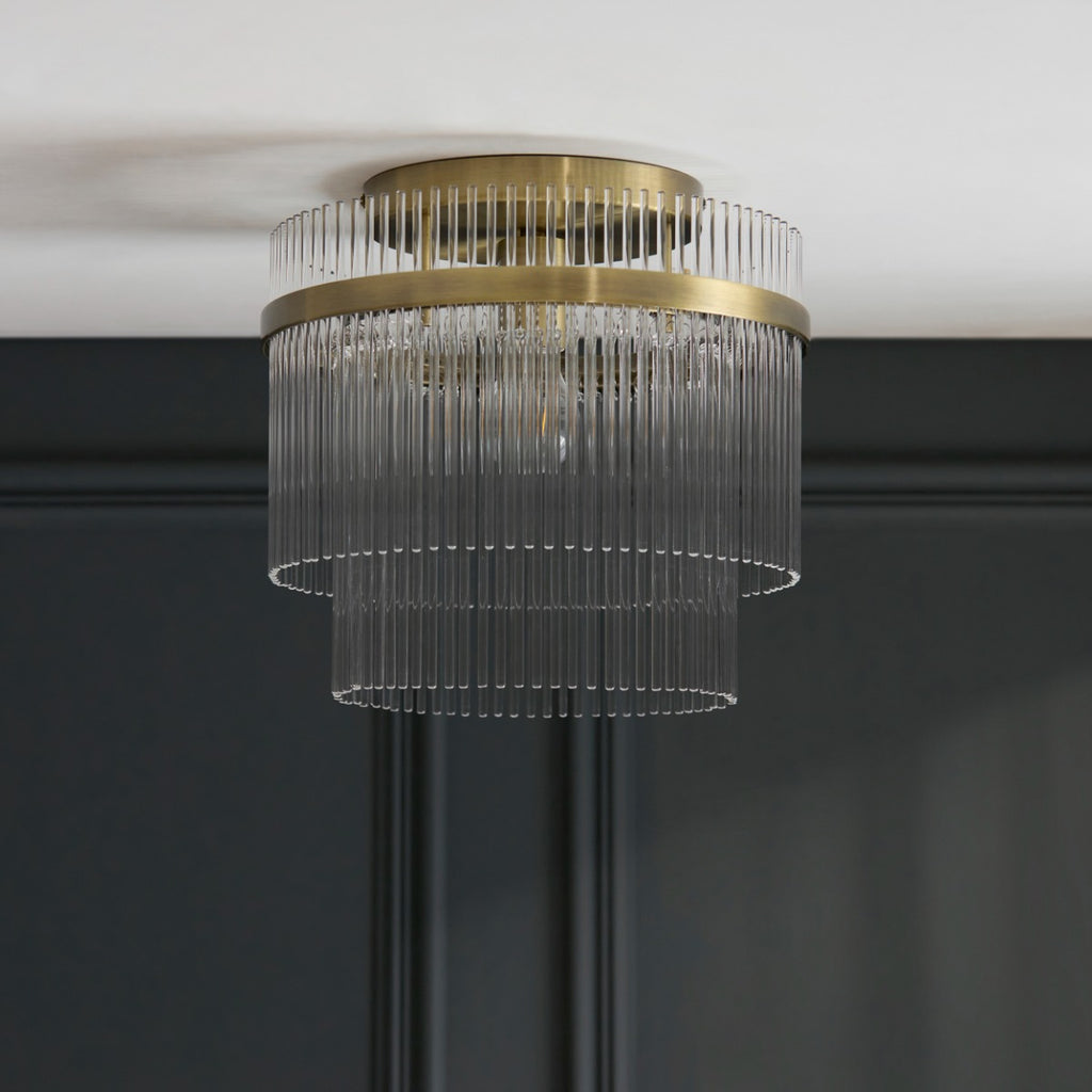 Marietta Flush Ceiling Light In Antique Brass With Glass Rods 119492