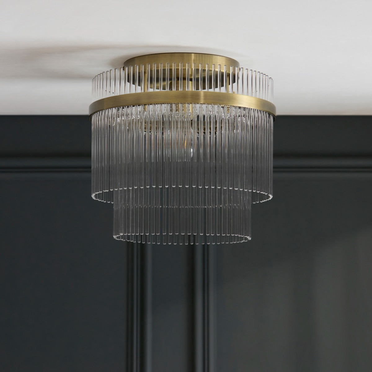 Marietta Flush Ceiling Light In Antique Brass With Glass Rods 119492