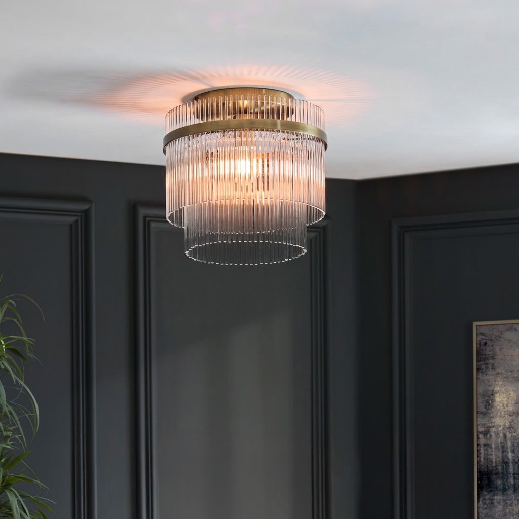 Marietta Flush Ceiling Light In Antique Brass With Glass Rods 119492