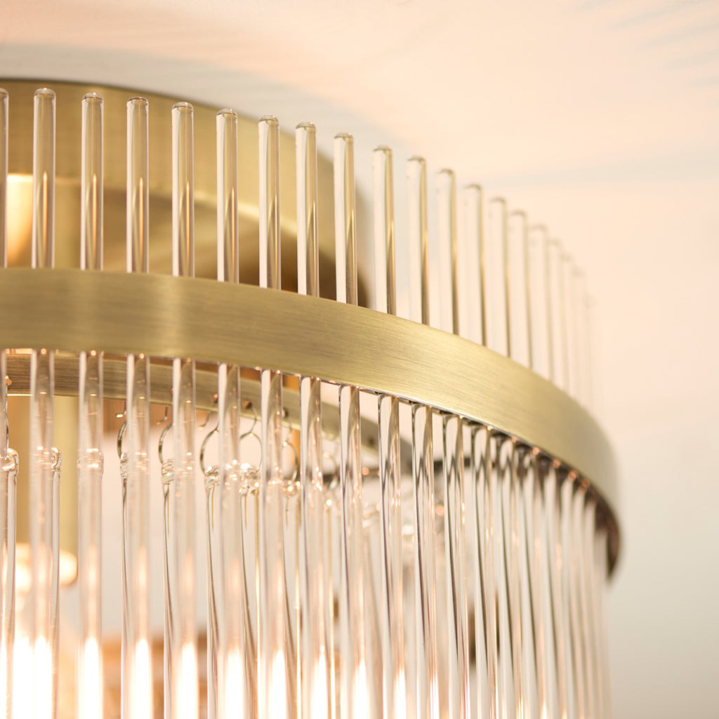 Marietta Flush Ceiling Light In Antique Brass With Glass Rods 119492