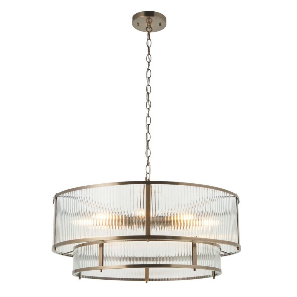 Ridgeton 8 Light Tiered Ceiling Pendant Light In Antique Brass With Clear Ribbed Glass 119456