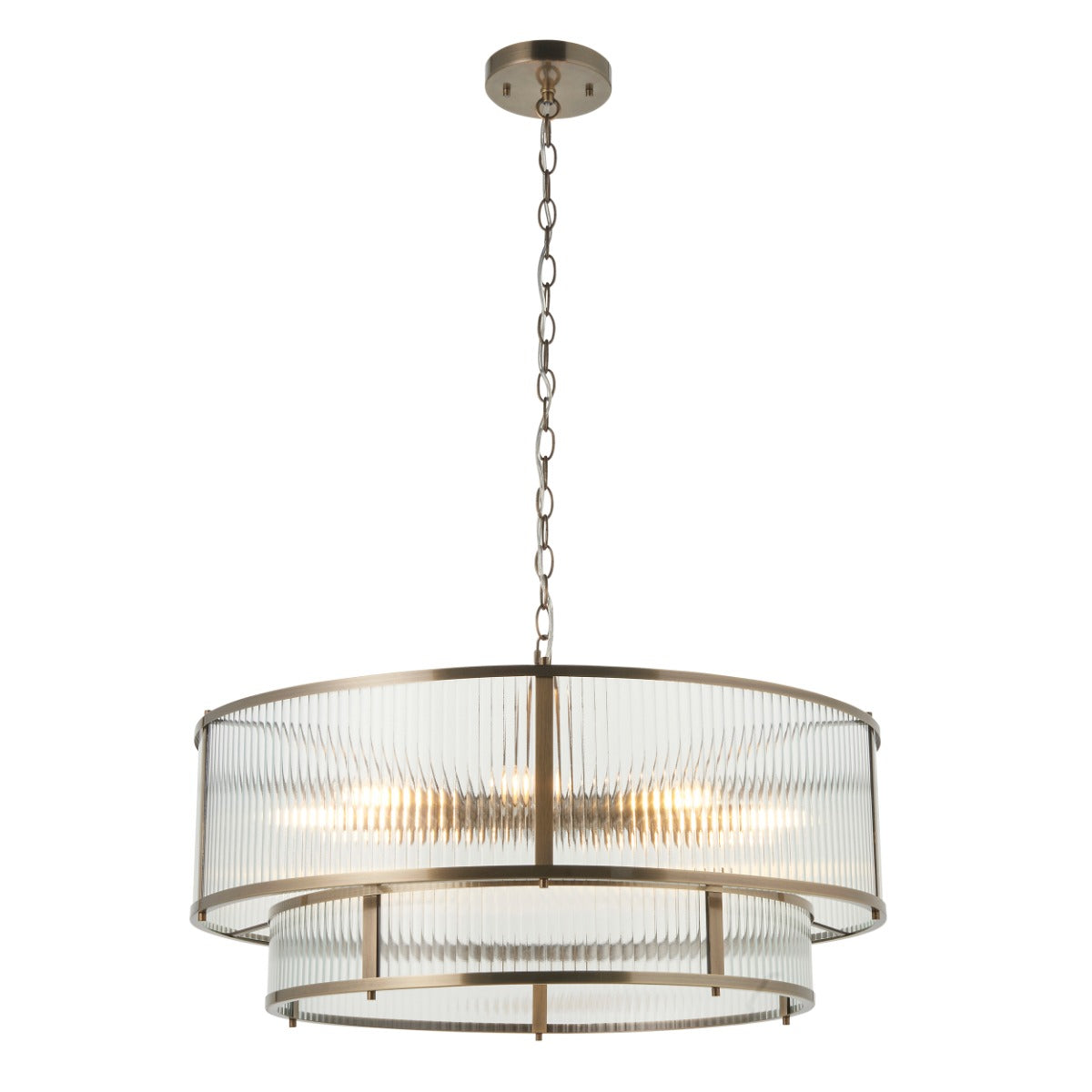Ridgeton 8 Light Tiered Ceiling Pendant Light In Antique Brass With Clear Ribbed Glass 119456