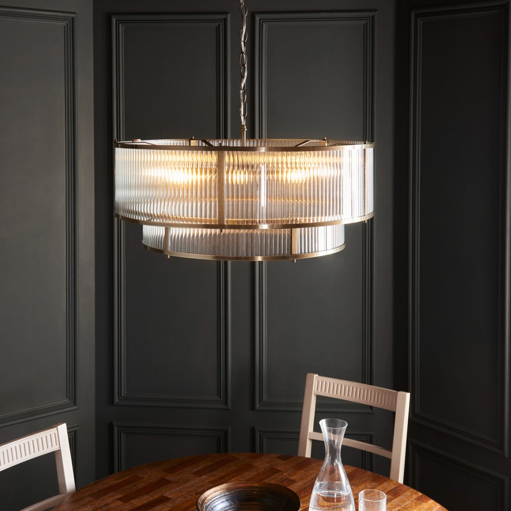 Ridgeton 8 Light Tiered Ceiling Pendant Light In Antique Brass With Clear Ribbed Glass 119456