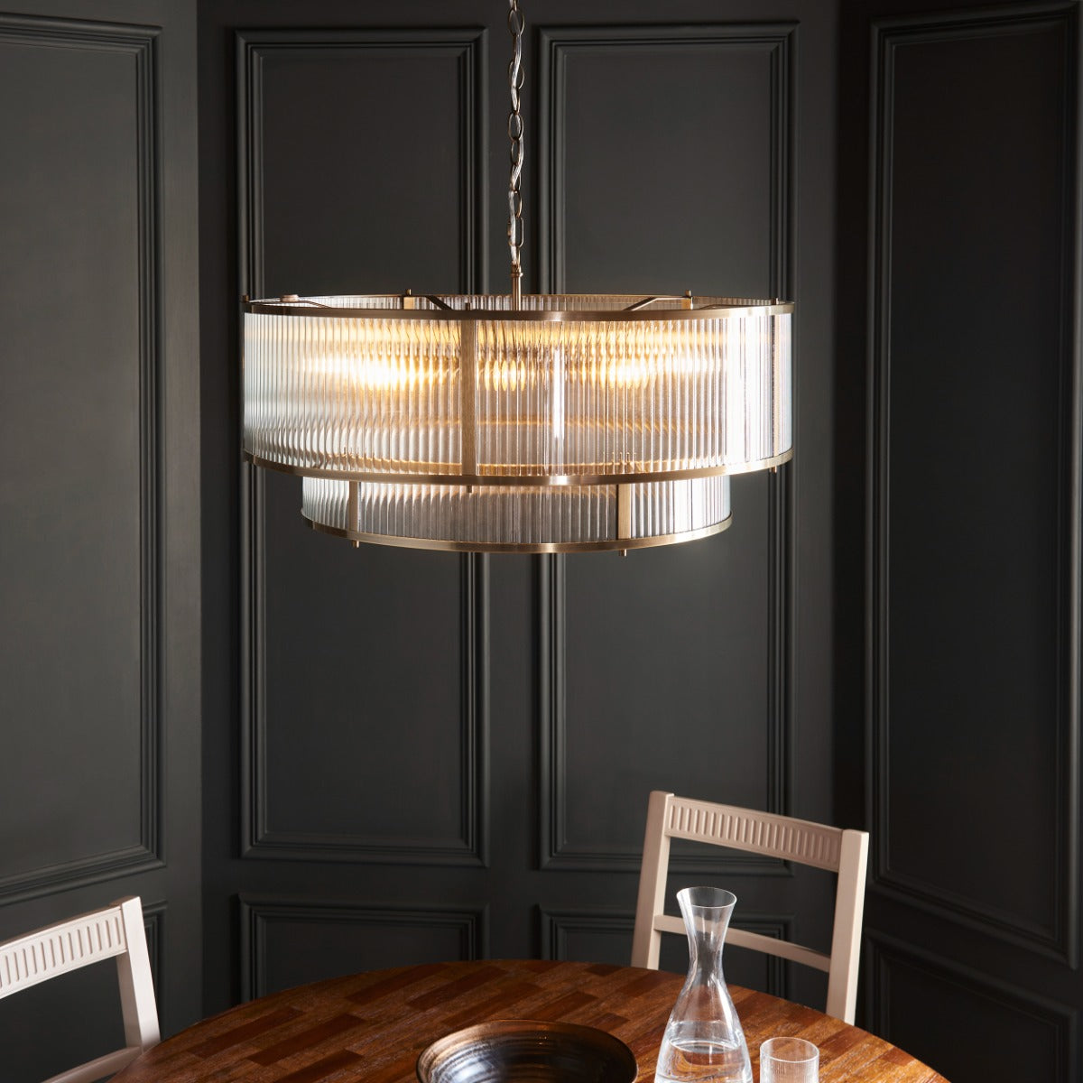 Ridgeton 8 Light Tiered Ceiling Pendant Light In Antique Brass With Clear Ribbed Glass 119456