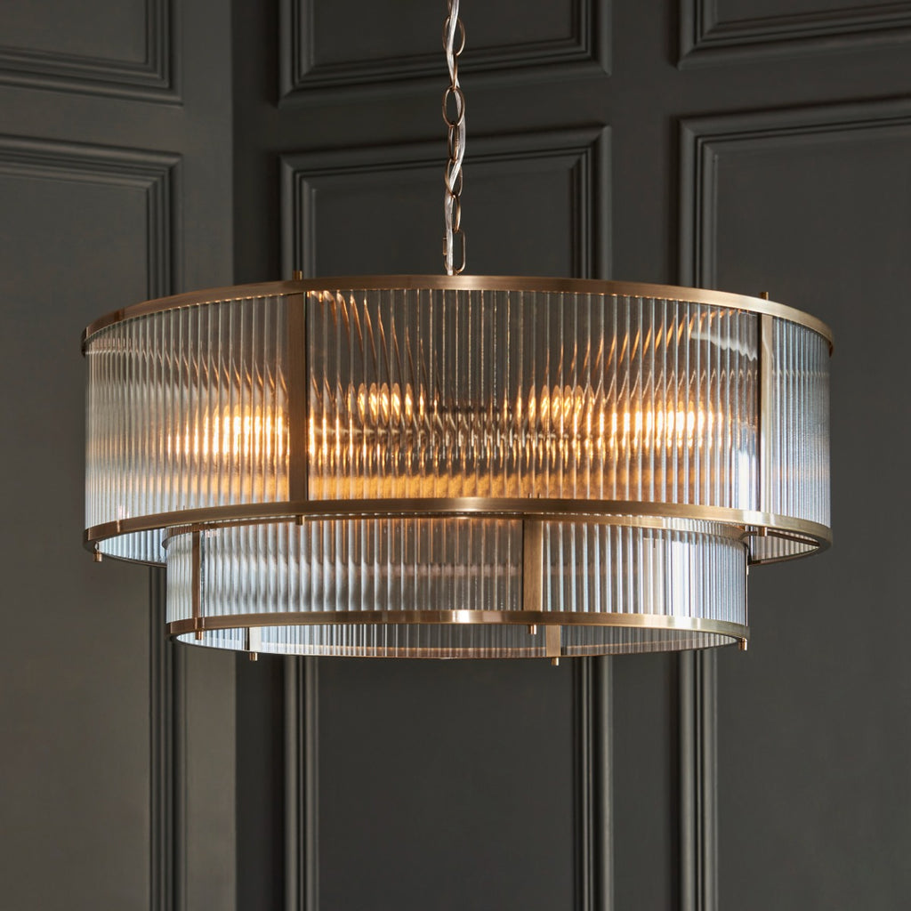 Ridgeton 8 Light Tiered Ceiling Pendant Light In Antique Brass With Clear Ribbed Glass 119456