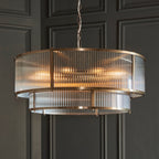 Ridgeton 8 Light Tiered Ceiling Pendant Light In Antique Brass With Clear Ribbed Glass 119456