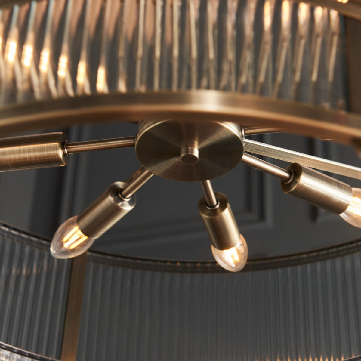Ridgeton 8 Light Tiered Ceiling Pendant Light In Antique Brass With Clear Ribbed Glass 119456