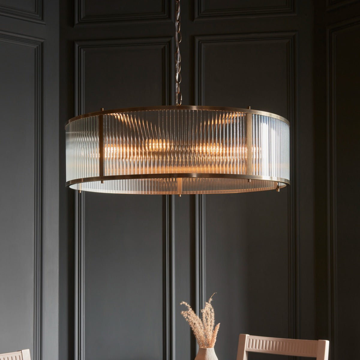 Ridgeton 8 Light Ceiling Pendant Light In Antique Brass With Clear Ribbed Glass 119455
