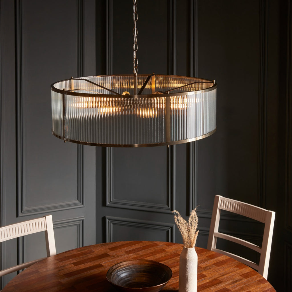 Ridgeton 8 Light Ceiling Pendant Light In Antique Brass With Clear Ribbed Glass 119455