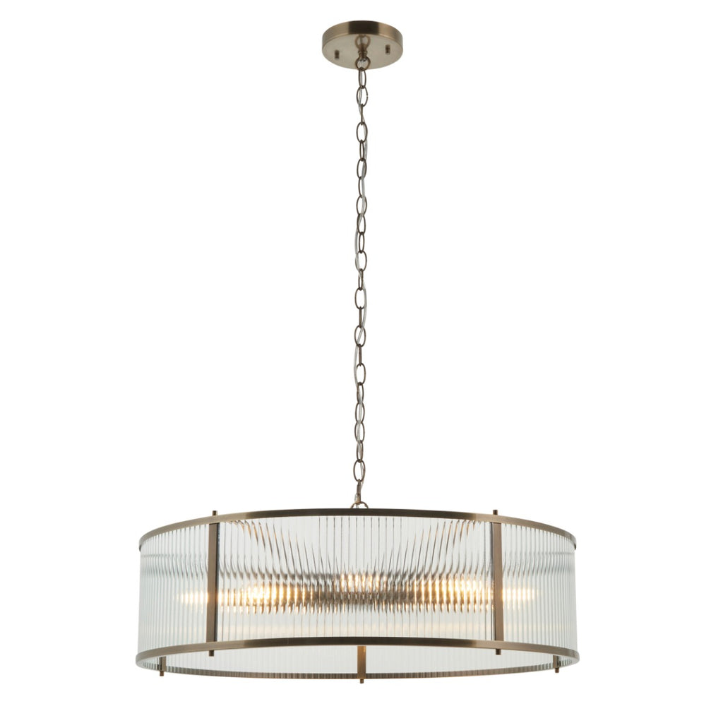 Ridgeton 8 Light Ceiling Pendant Light In Antique Brass With Clear Ribbed Glass 119455
