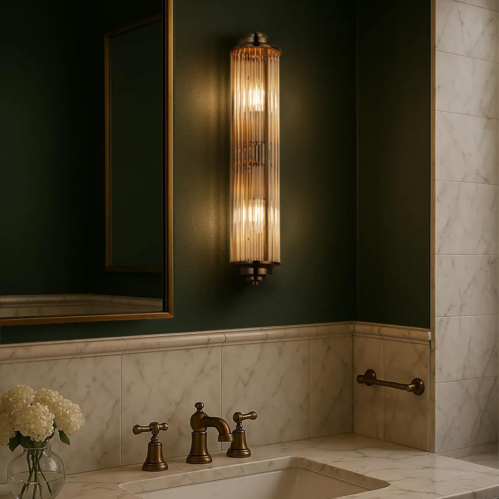 Pillar 2 Light Bathroom Wall Light In Antique Brass And Clear Glass Rods IP44 E14