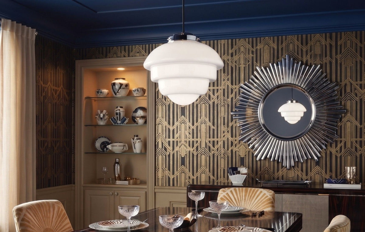 Art Deco Contemporary Ceiling Pendant Light In Chrome Finish With Opal Shade 4947CH
