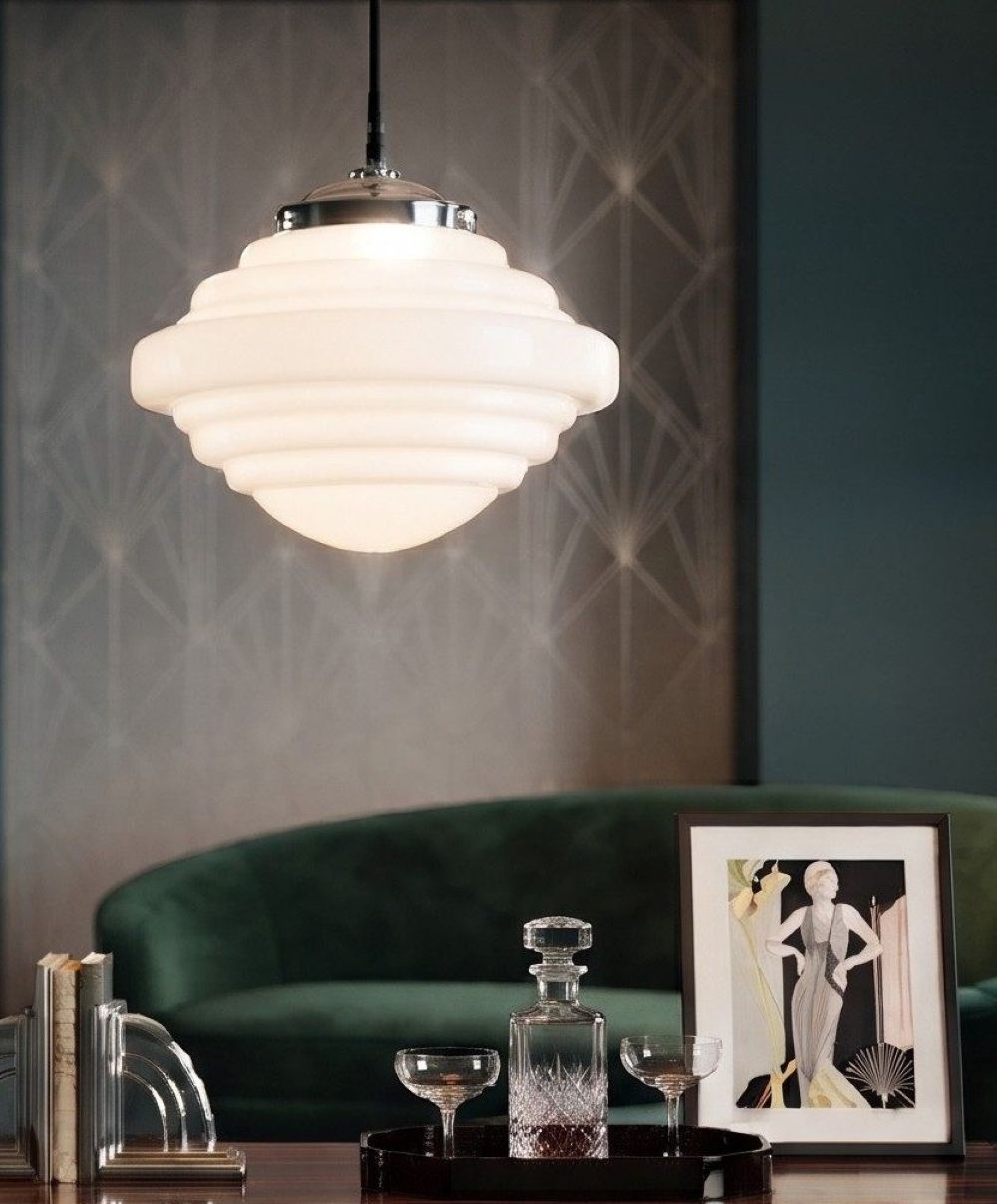 Art Deco Contemporary Ceiling Pendant Light In Chrome Finish With Opal Shade 4948CH
